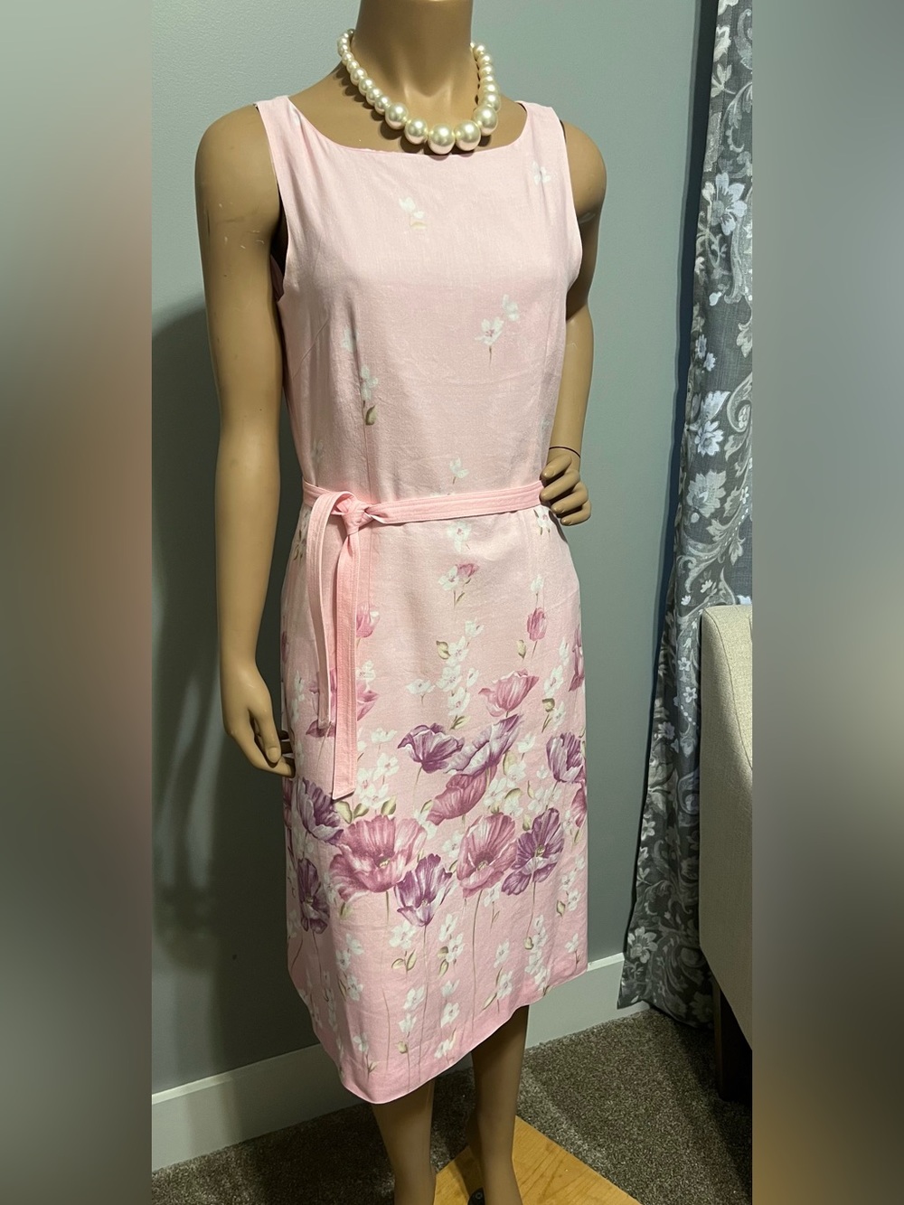 Adrianna Papell linen Beautiful Pink Floral Tie-Waist Dress size 8